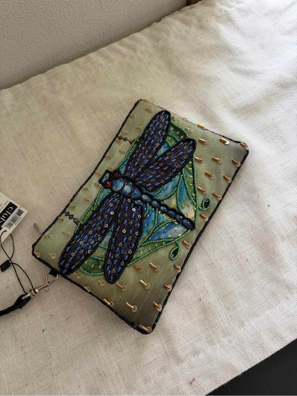 Club Bag Blue Dragonfly Embroidered Beaded Wristlet Crossbody NWT - Picture 4 of 10